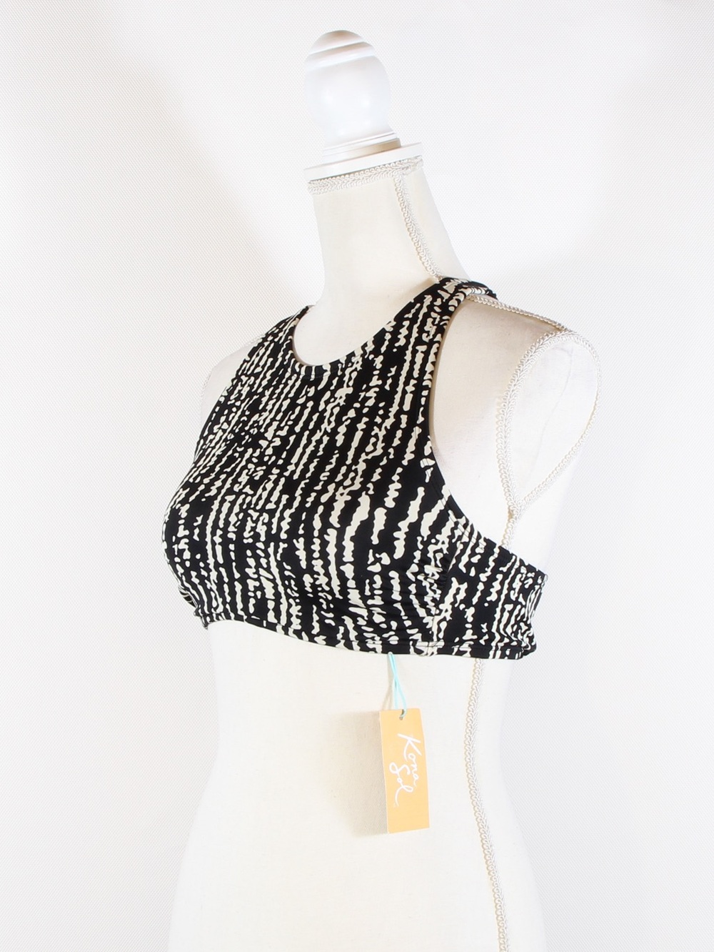 Kona Sol Black Ivory Geo Print High Neck Racerback Bikini Top Small 4-6 NWT